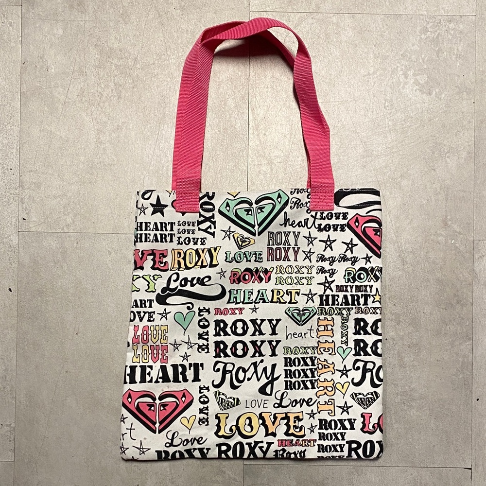 Roxy Graphic Tote Bag with Pink Straps